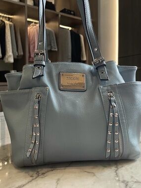 Nicole Miller Blue Faux Leather Shoulder Bag Studded